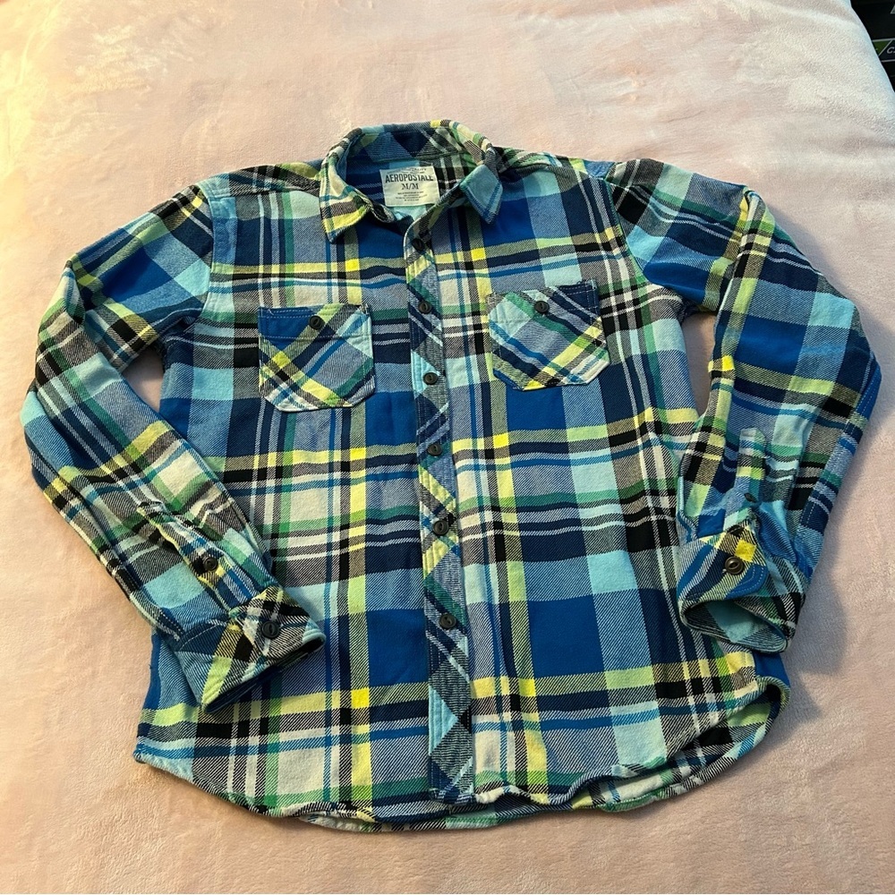 Aeropostale blue plaid long sleeve button down flannel shirt size M hipster